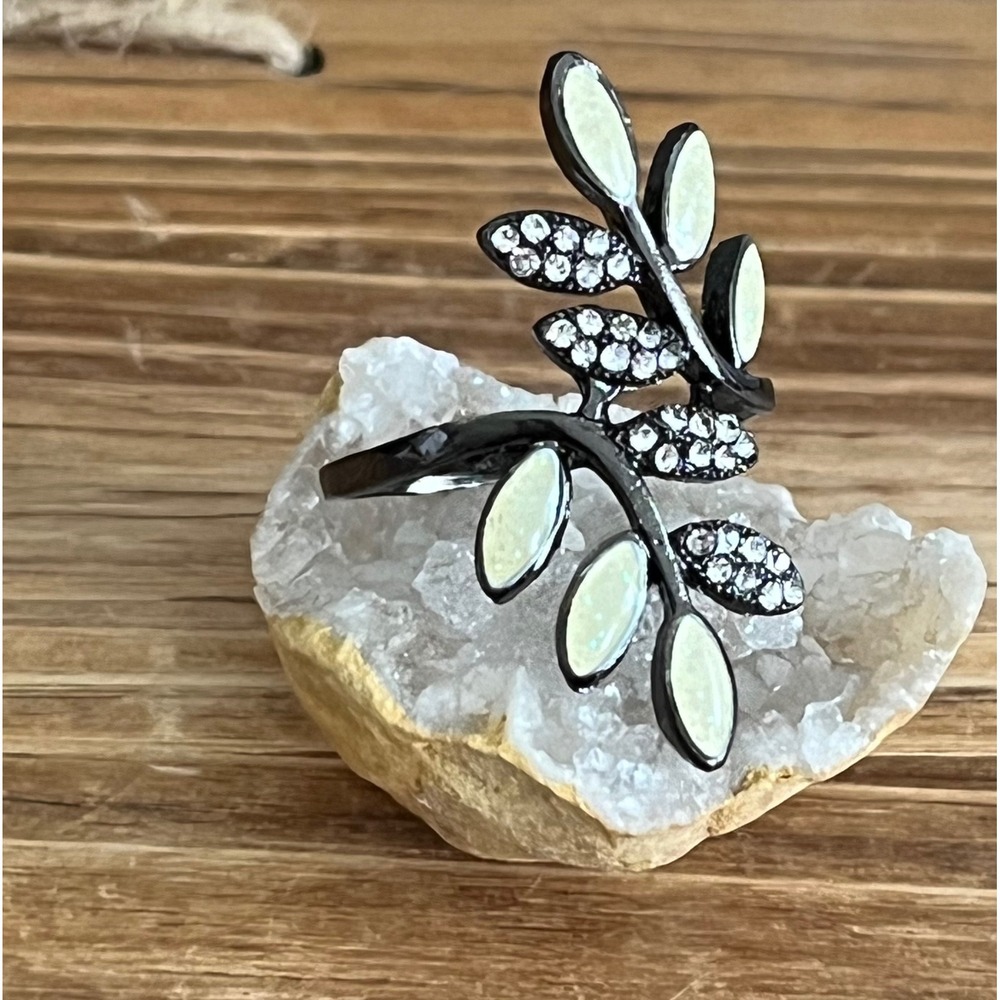 Vine Leaf Titanium Ring, Rhinestone Statement Cocktail Band Boho Ring-New-Sz 10
